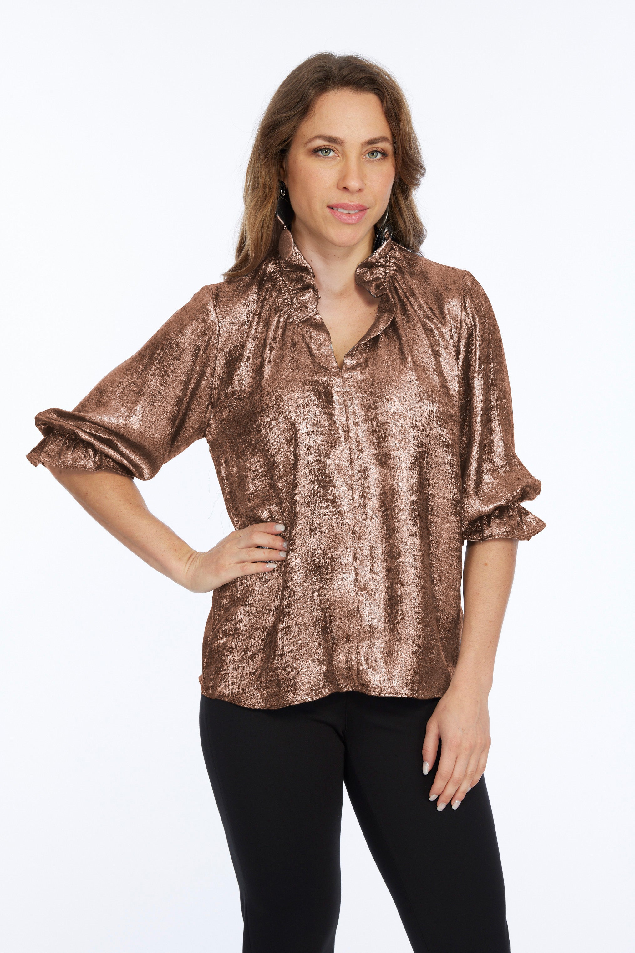 Women's Ruffe Neck Metallic Blouse-"Blossom"