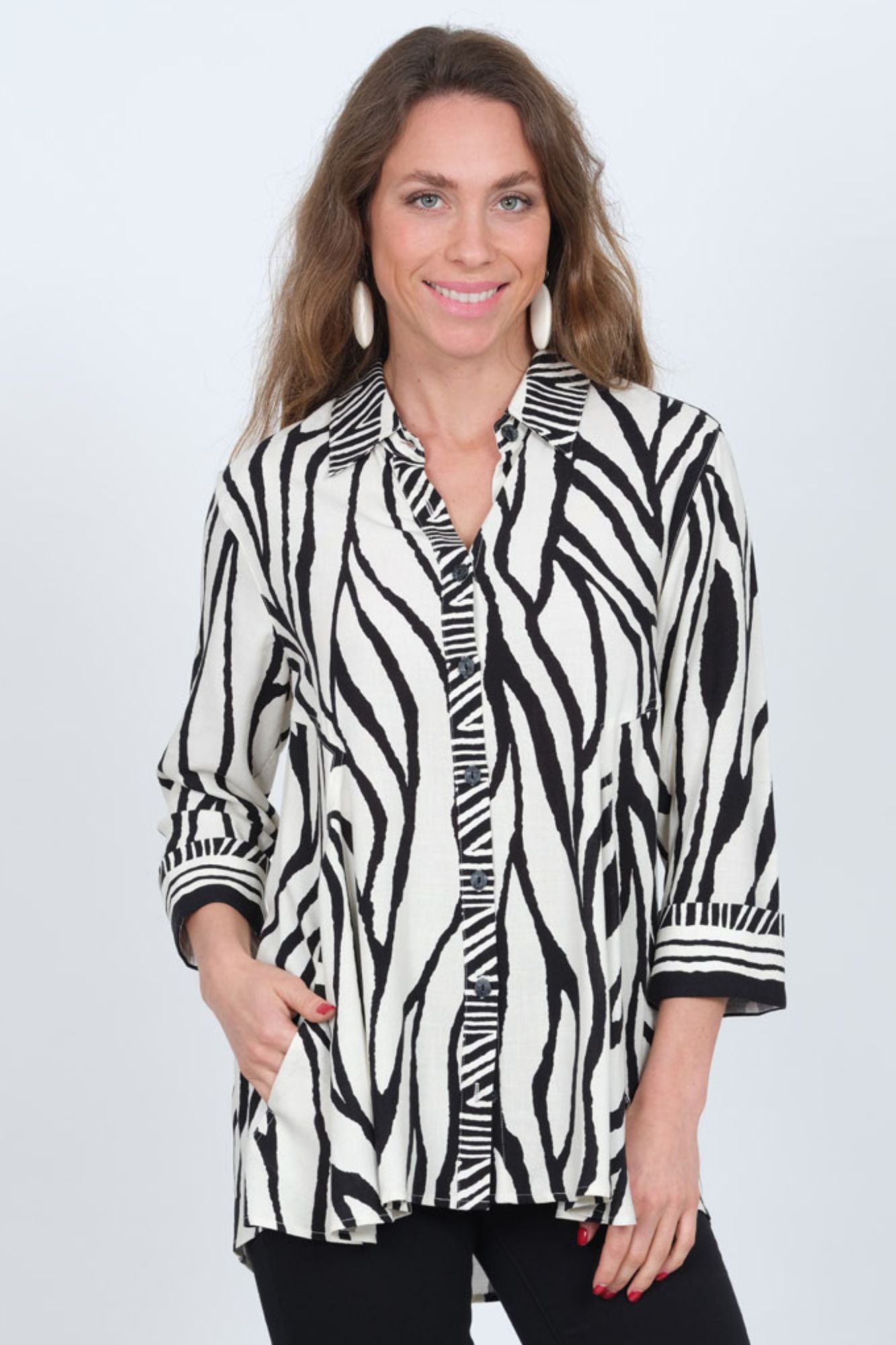 LIOR Women's Zebra Print Blouse 3/4 Sleeves Side Pockets- "Cherish"