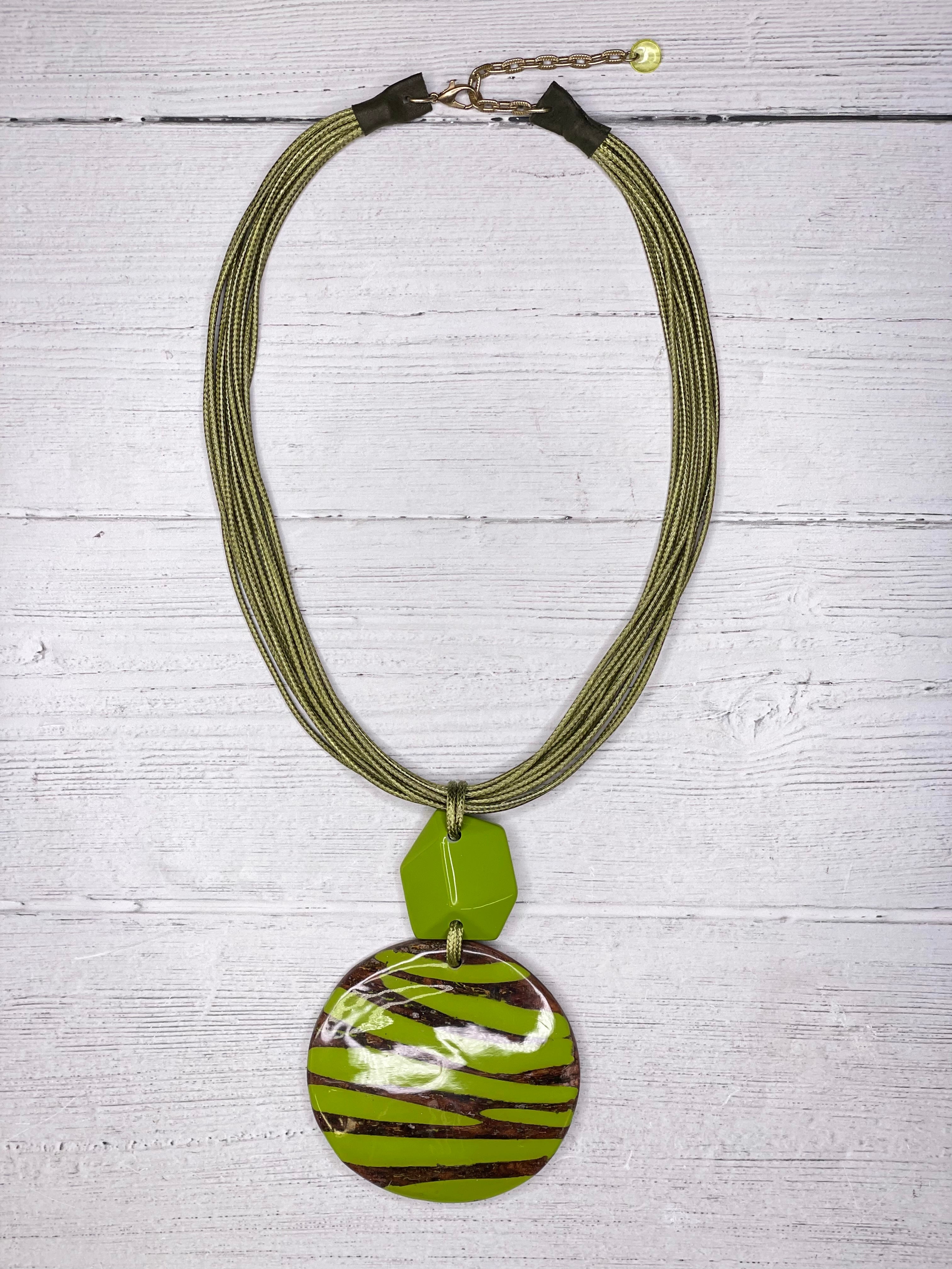 Lime Multi Strands Hand painted Wood Pendant Necklace