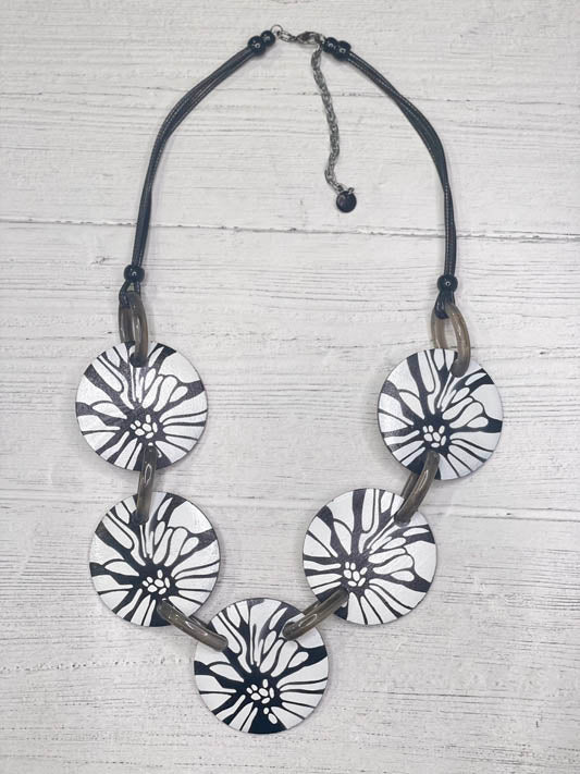 Alisha D Hand Painted Discs Black and White Flowers Statement Necklace