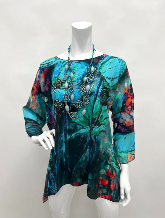 Turquoise Floral Elegant Sheer Blouse One Size Fits All "Double Print"  | LIOR