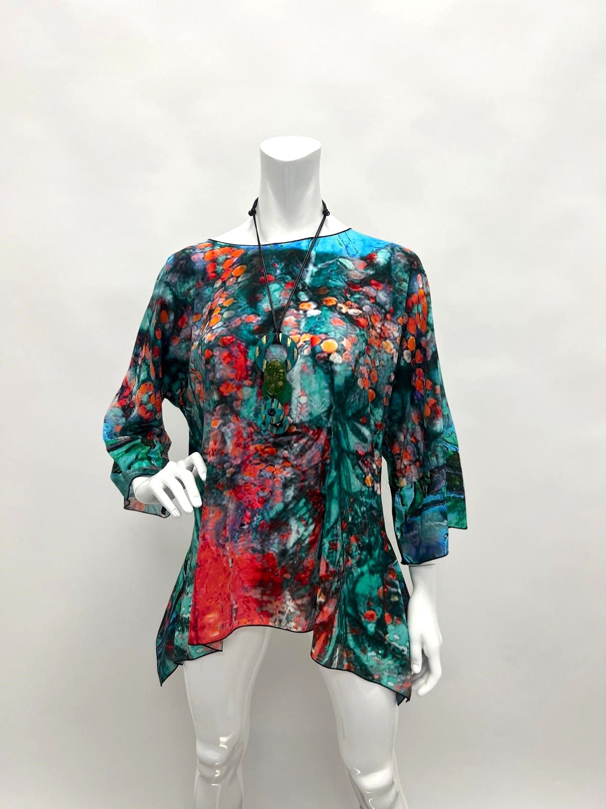 Turquoise Floral Elegant Sheer Blouse One Size Fits All "Double Print"  | LIOR