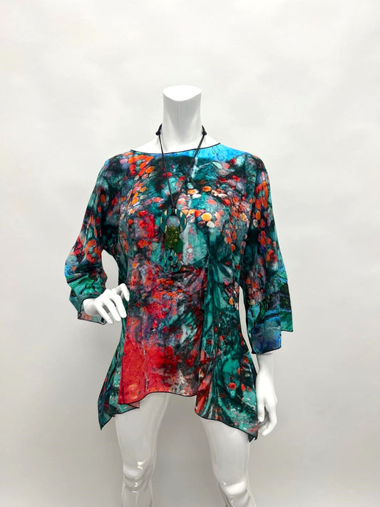 Turquoise Floral Elegant Sheer Blouse One Size Fits All "Double Print"  | LIOR
