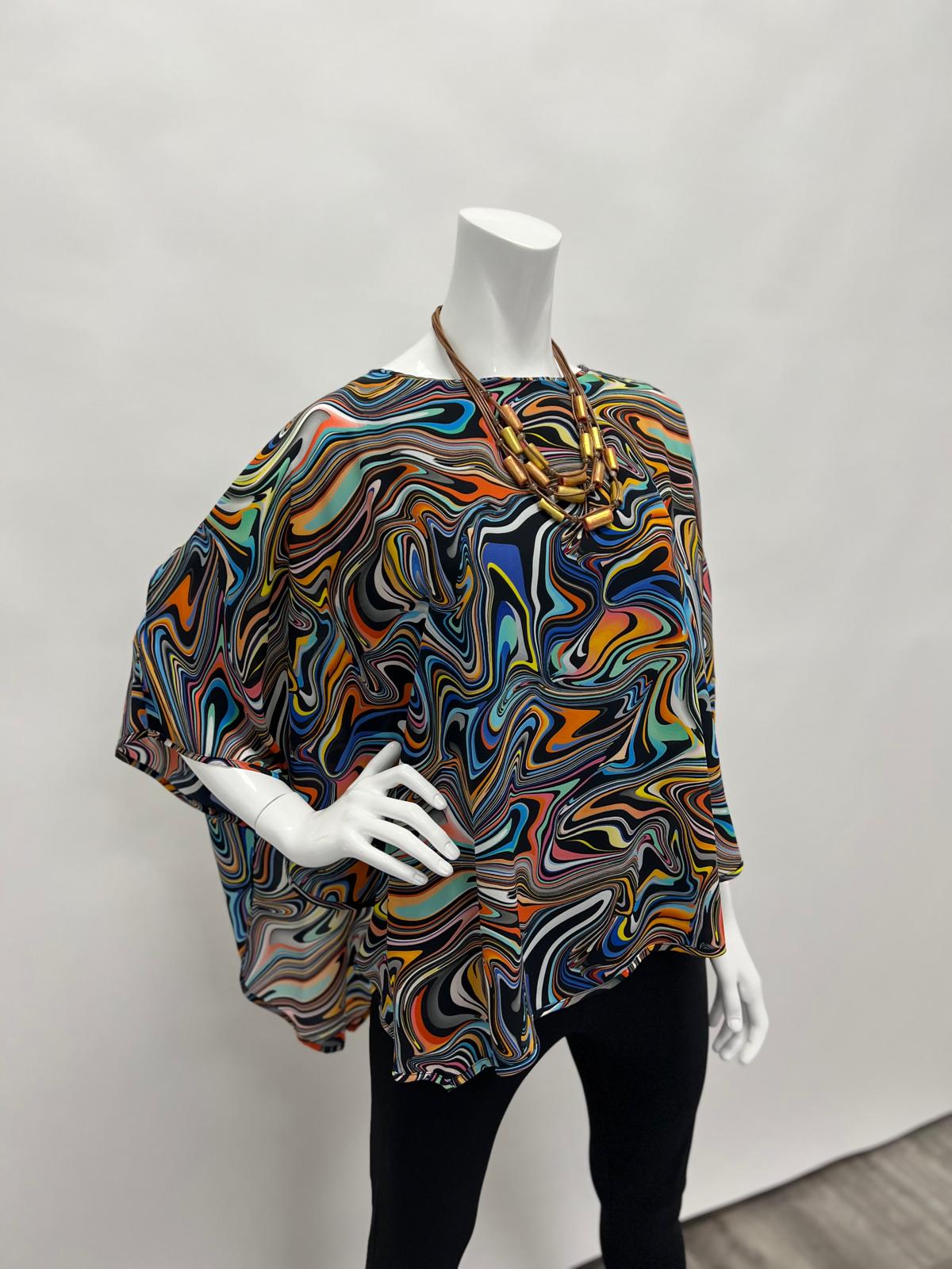 Lior Jewel Neck Draped Sleeve Layered Cape Top Multi Swirl Watercolor