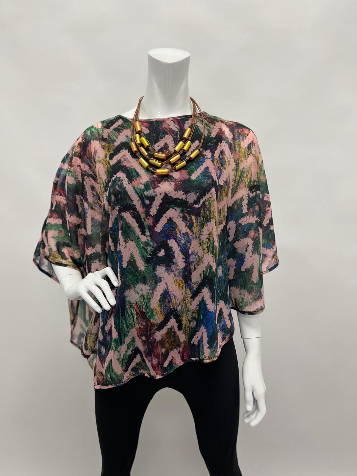 Lior Jewel Neck Draped Sleeve Layered Cape Top Multi Swirl Watercolor