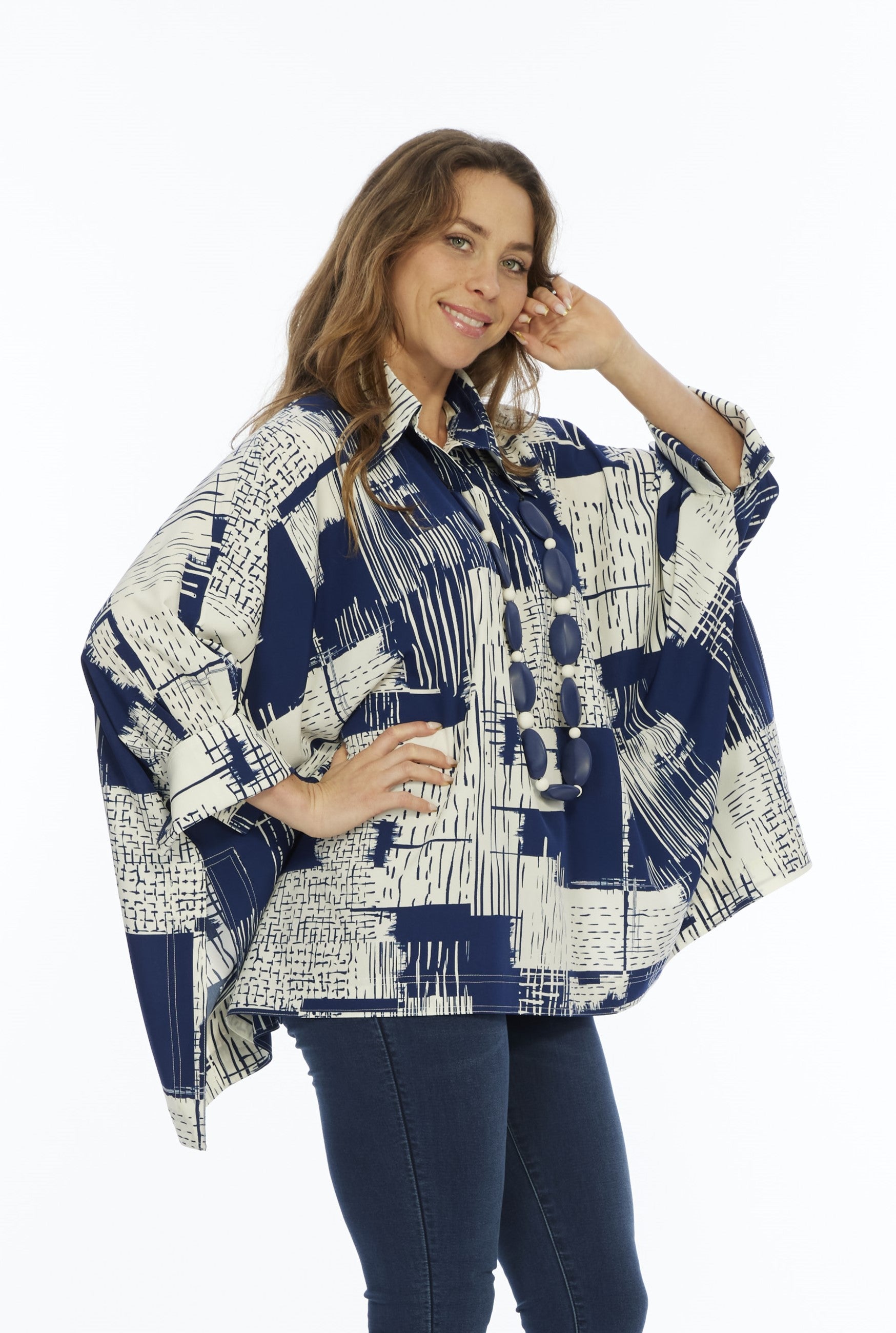 One size fits all Women's Collar Top Navy Abstract Print | LIOR