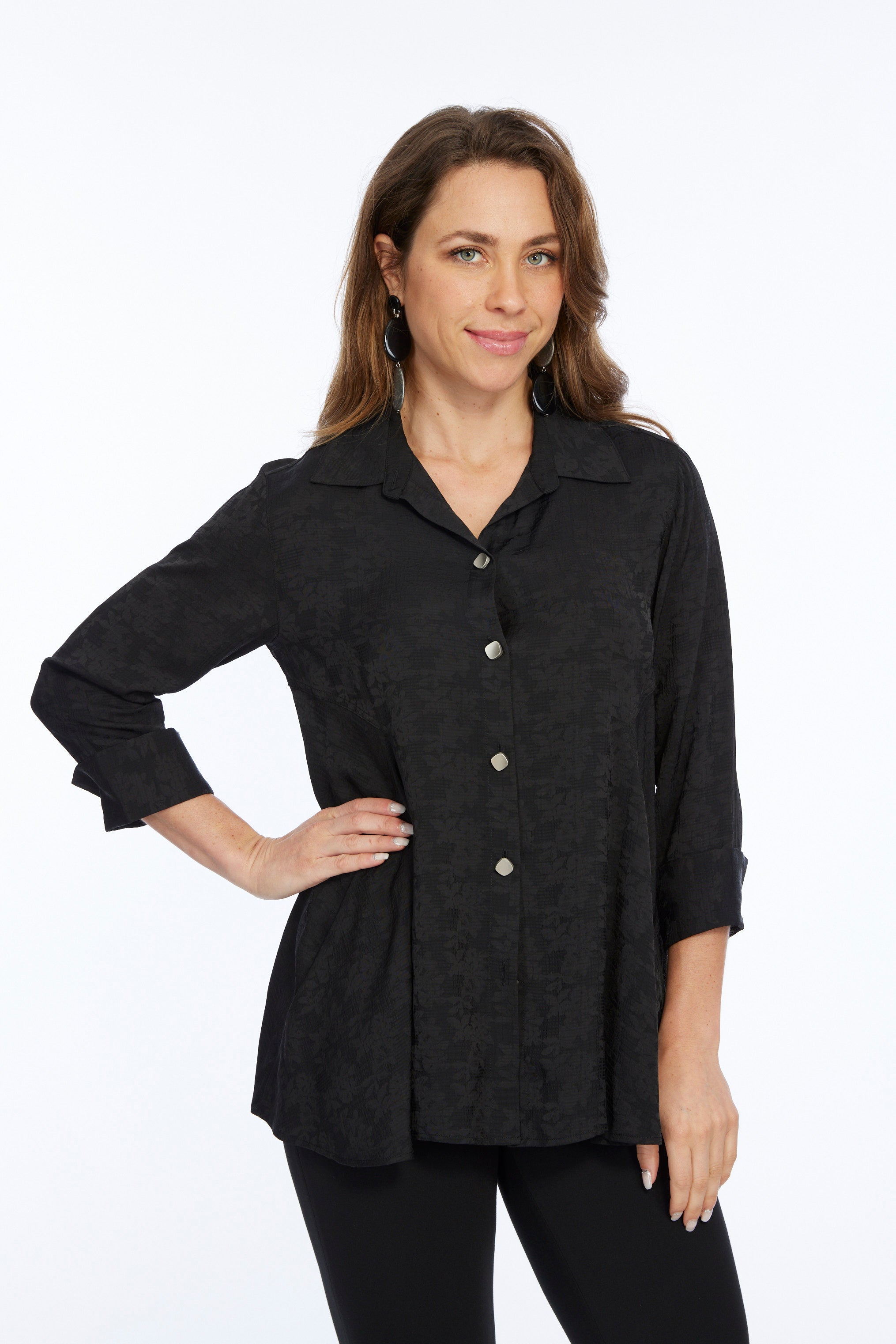 Women's Black Silky Blouse 3/4 Roll Tab Sleeve Side Pocket-"Valor"