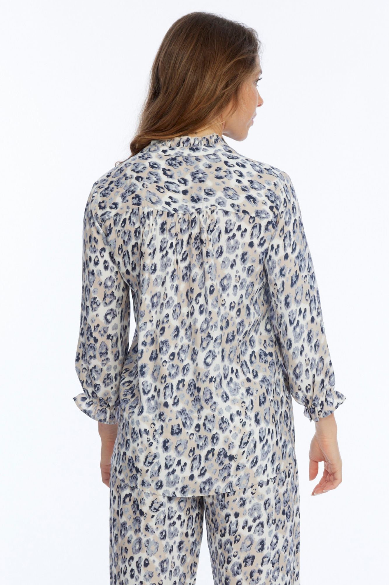 LIOR Blue Cheetah Print Blouse With Ruffle Trim Detail - "Florence"