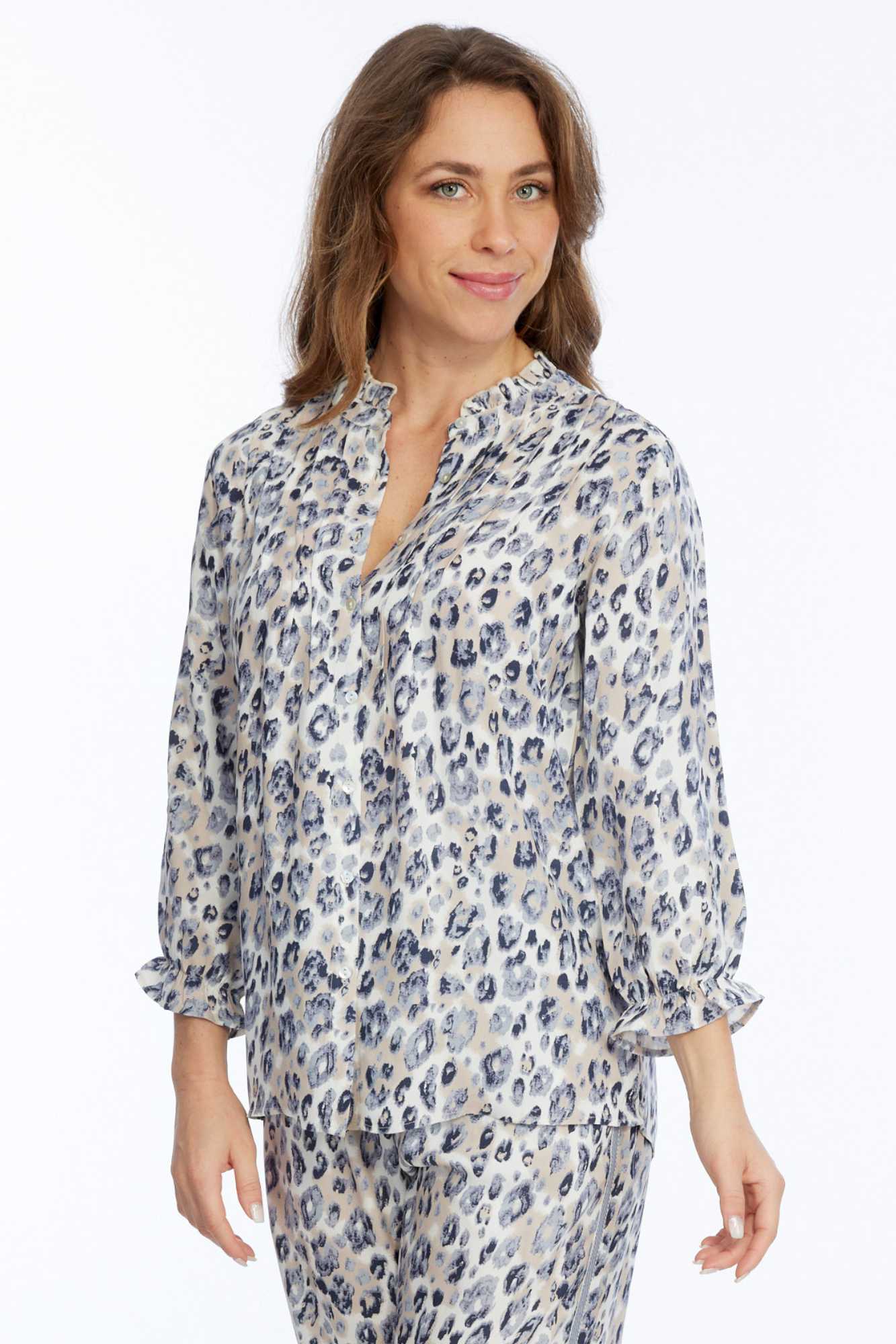 LIOR Blue Cheetah Print Blouse With Ruffle Trim Detail - "Florence"