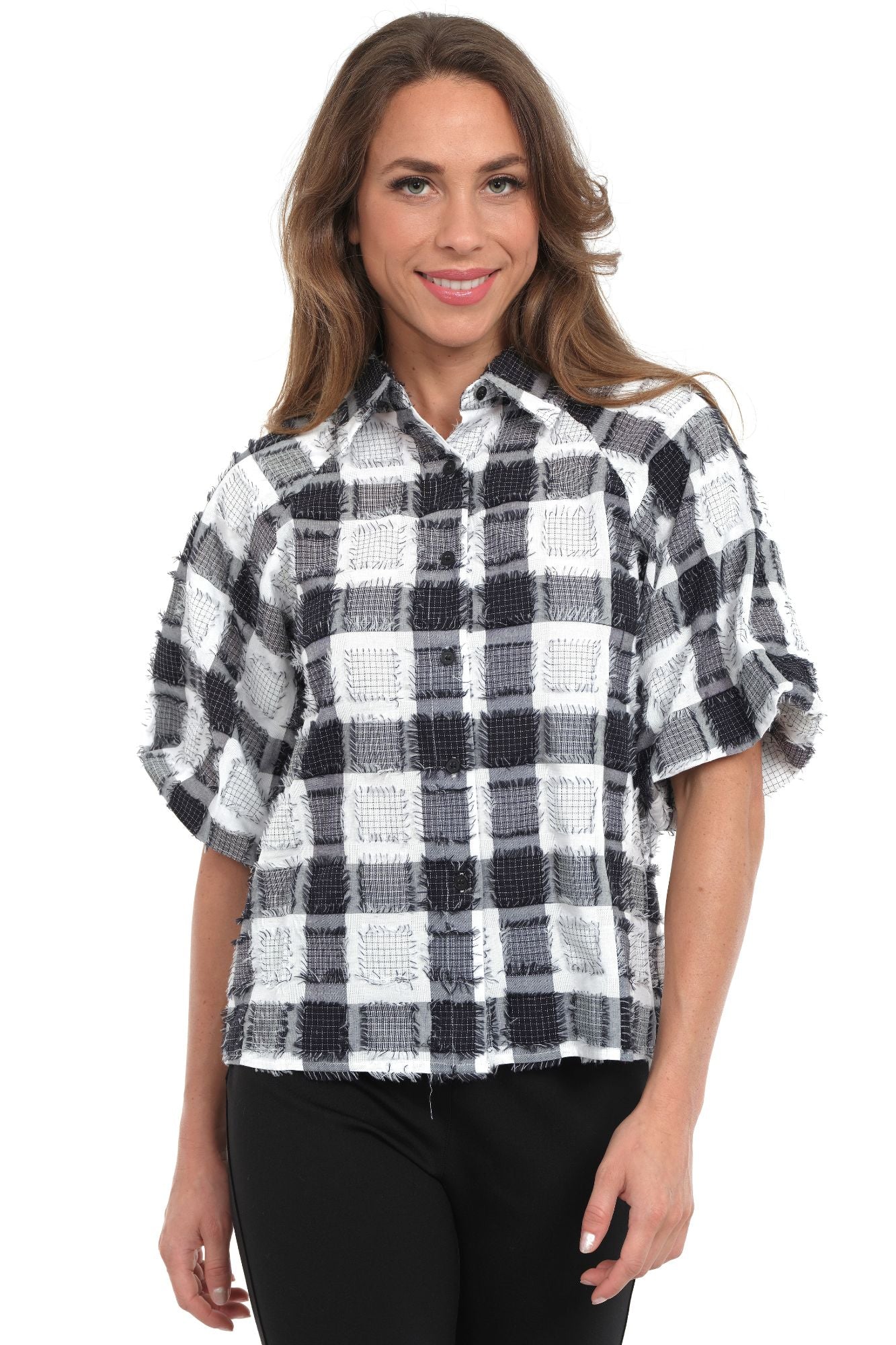 Women's Black Plaid Top Short Puff Sleeves With Fringe Details - "Halo"