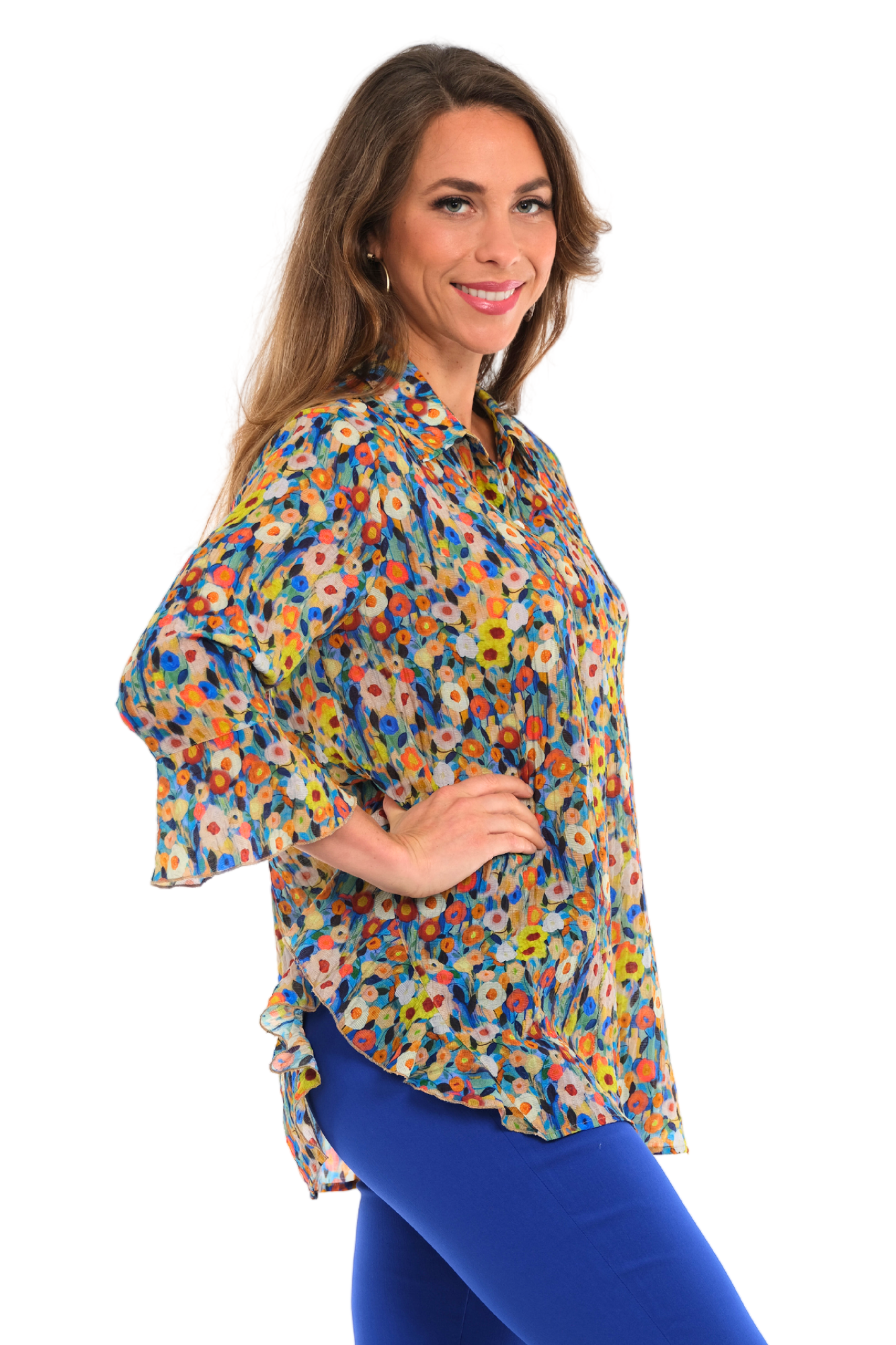 LIOR Women's Daisy Floral Blouse Flowy Sleeves With Side Flounce - "Happy"