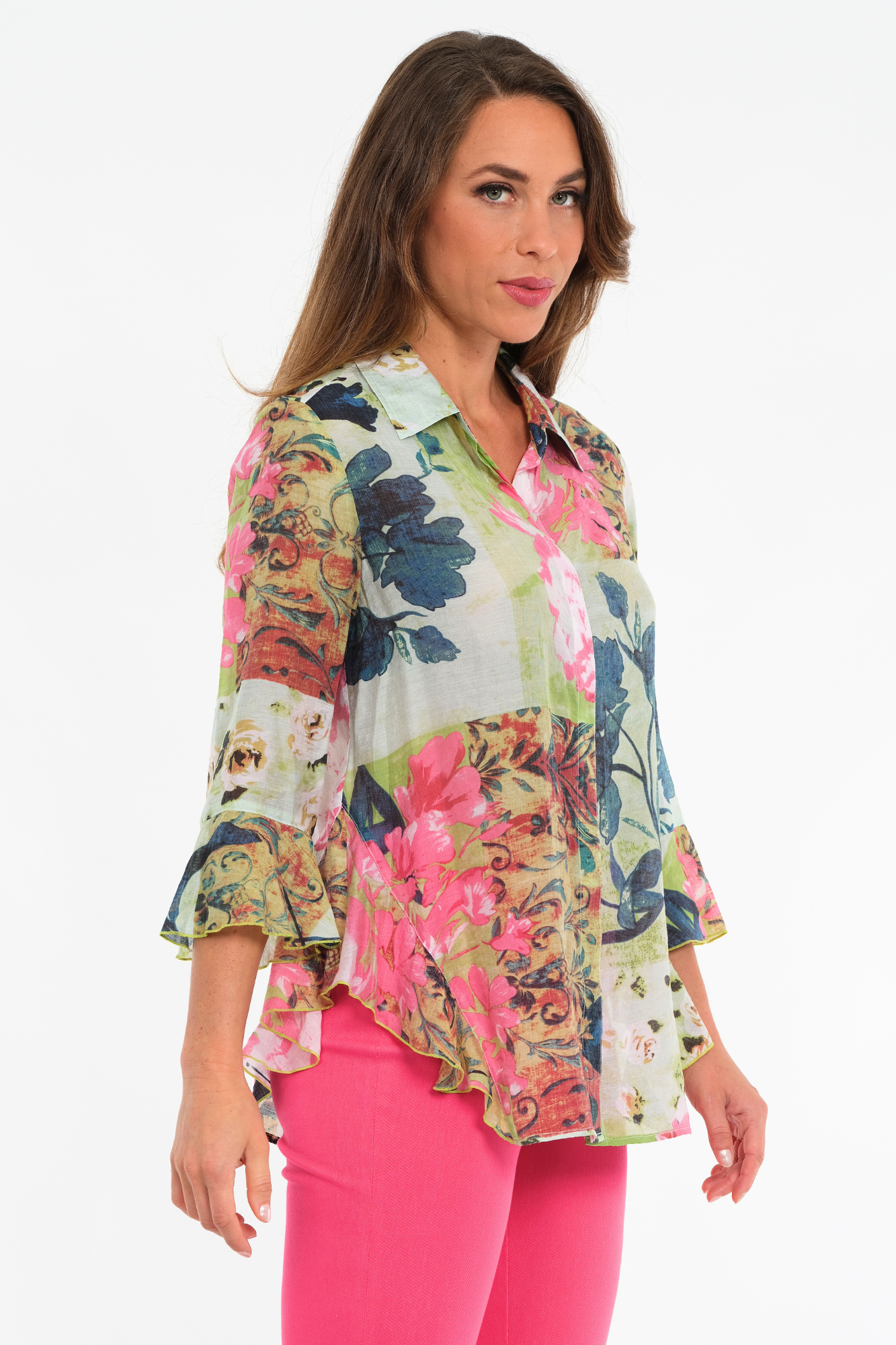 LIOR Women's Pink Floral Blouse Flowy Sleeves With Side Flounce - "Happy"