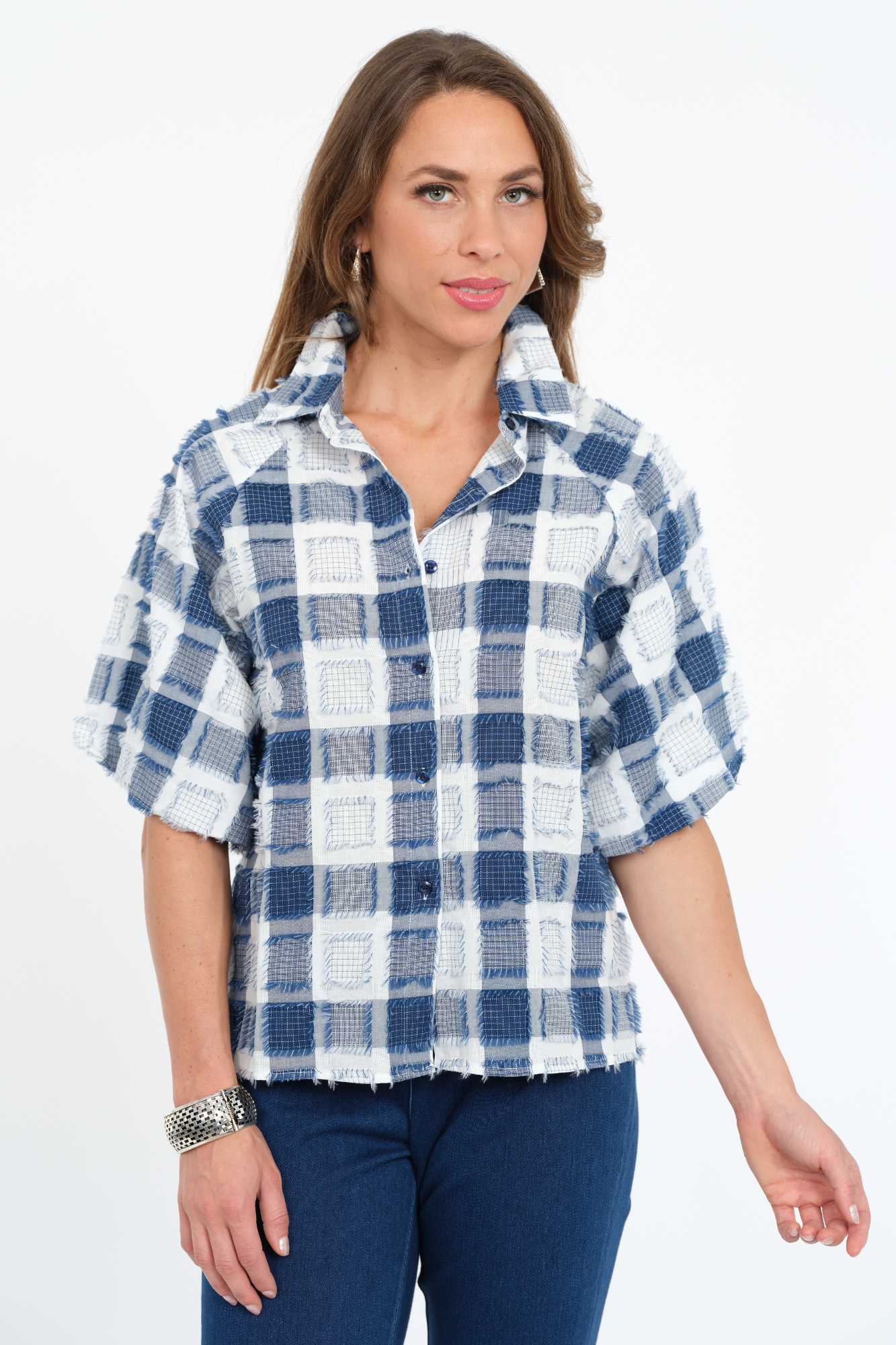 Women's Plaid Top Short Puff Sleeves With Fringe Details - "Halo"