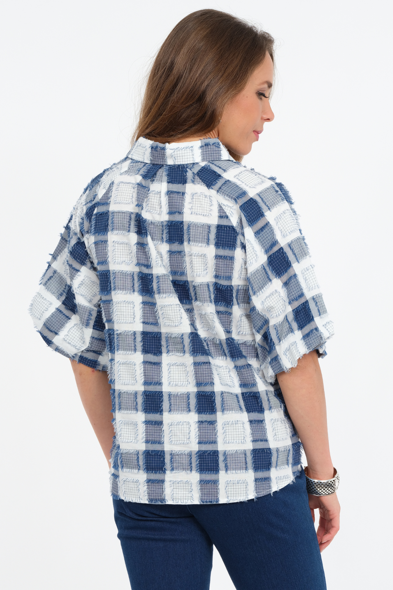 Women's Plaid Top Short Puff Sleeves With Fringe Details - "Halo"