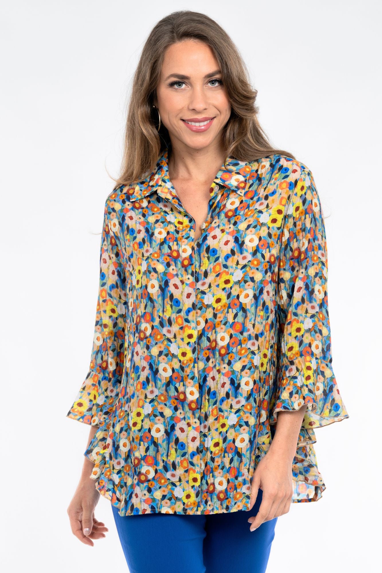 LIOR Women's Daisy Floral Blouse Flowy Sleeves With Side Flounce - "Happy"