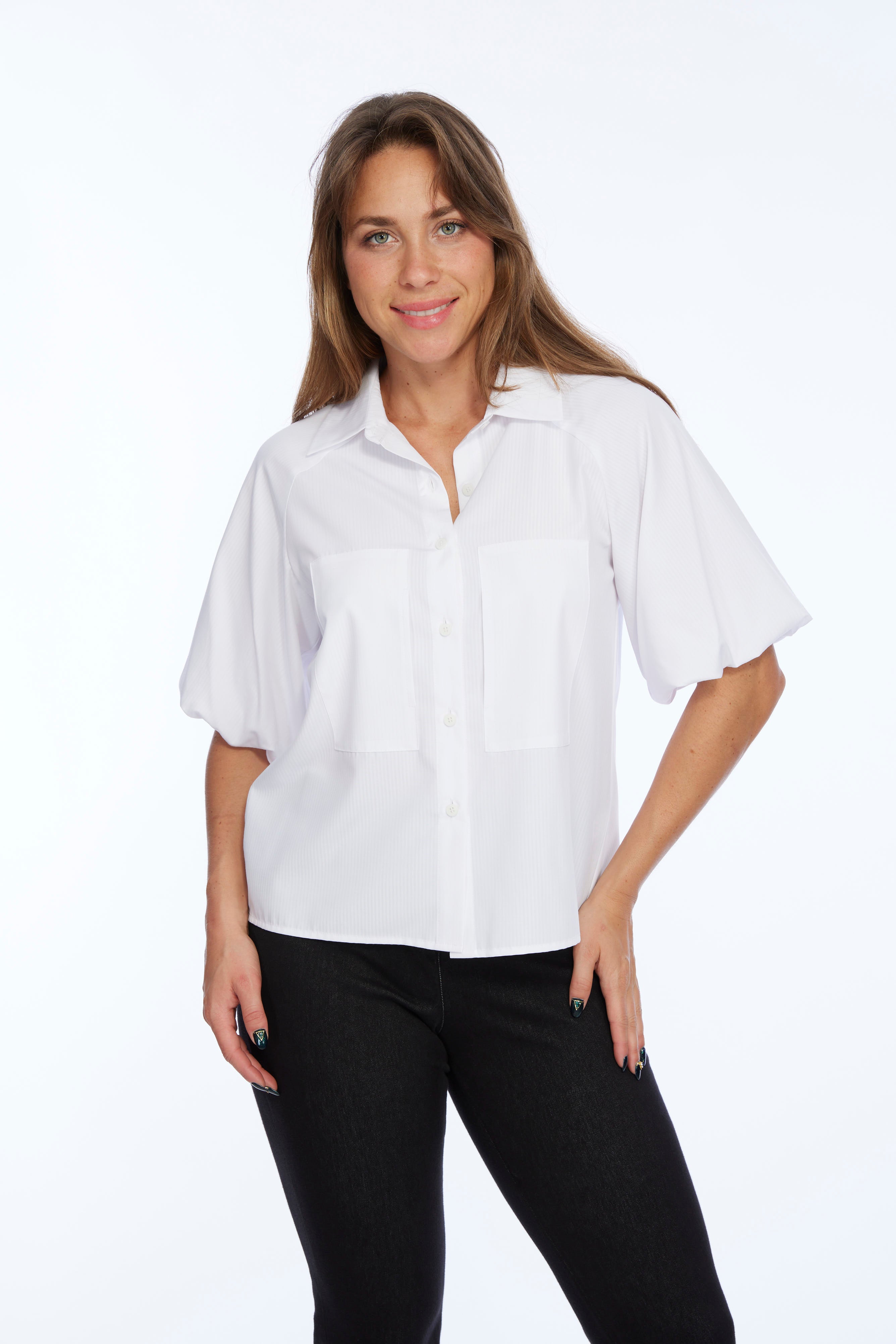 LIOR Women's Short Balloon Sleeve Button Up Top-"Honor"