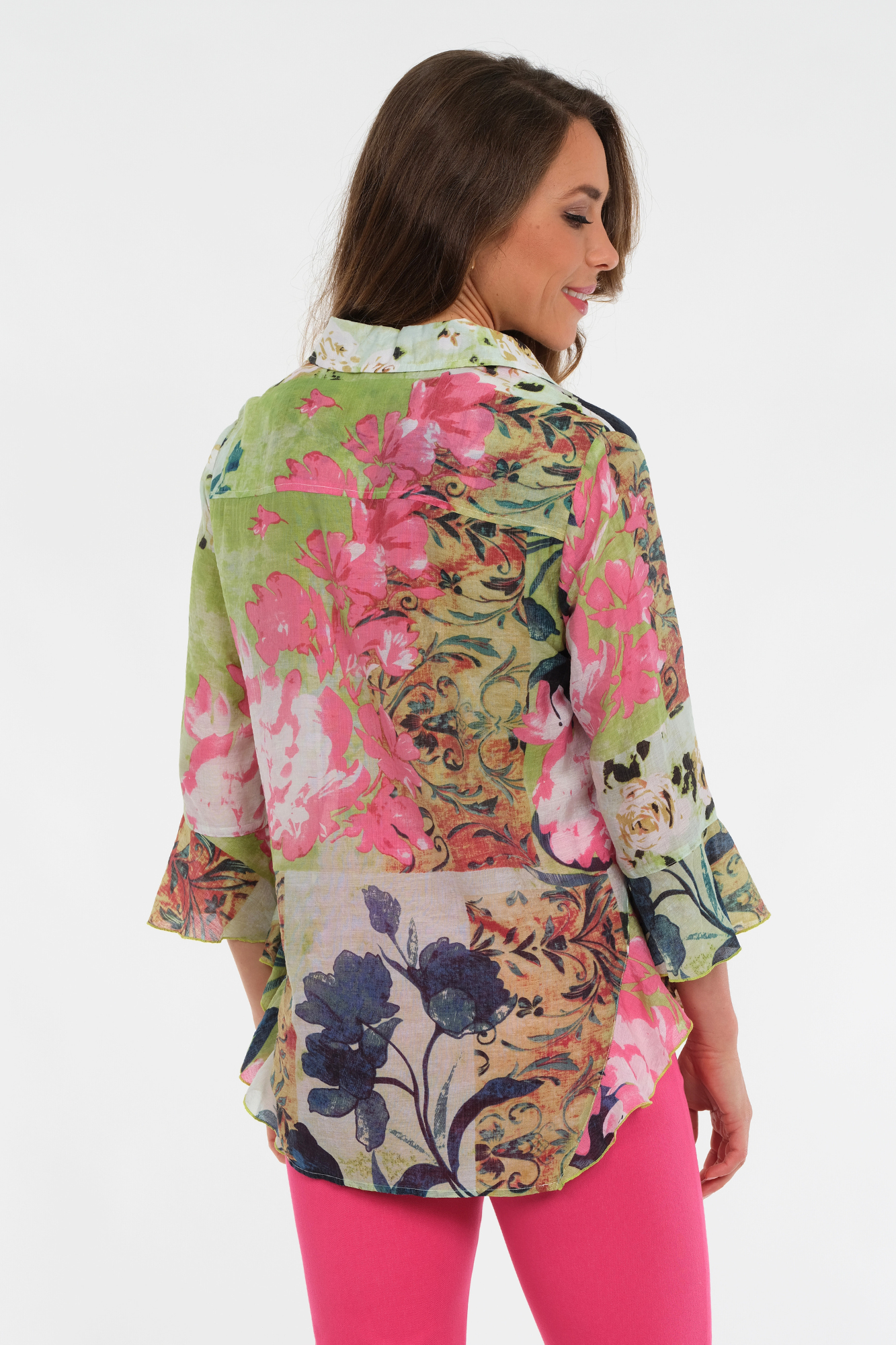 LIOR Women's Pink Floral Blouse Flowy Sleeves With Side Flounce - "Happy"