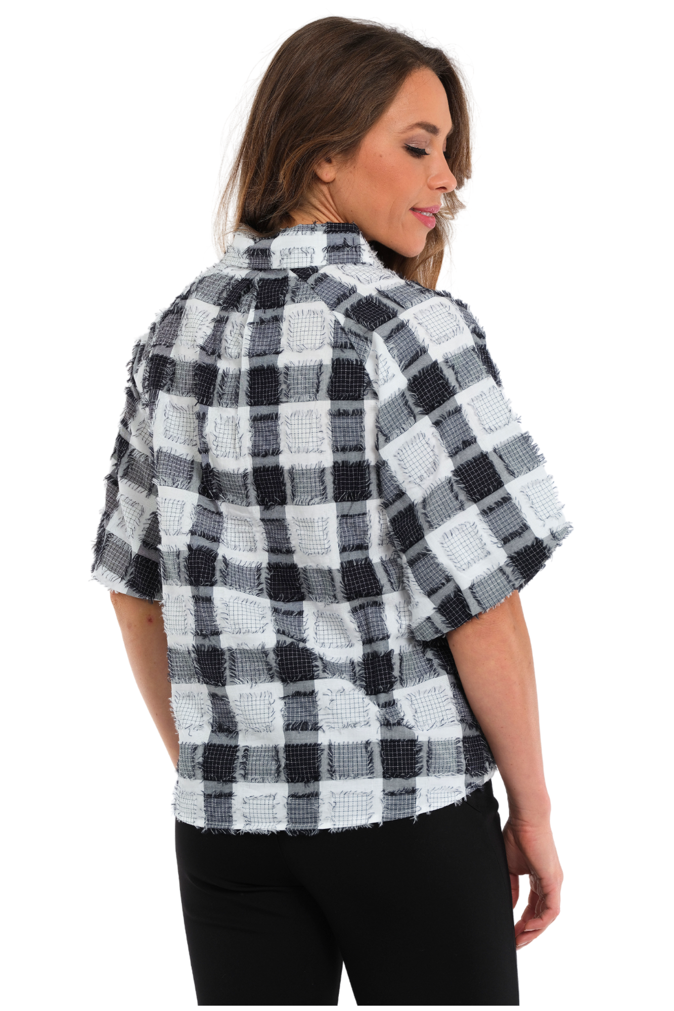 Women's Black Plaid Top Short Puff Sleeves With Fringe Details - "Halo"