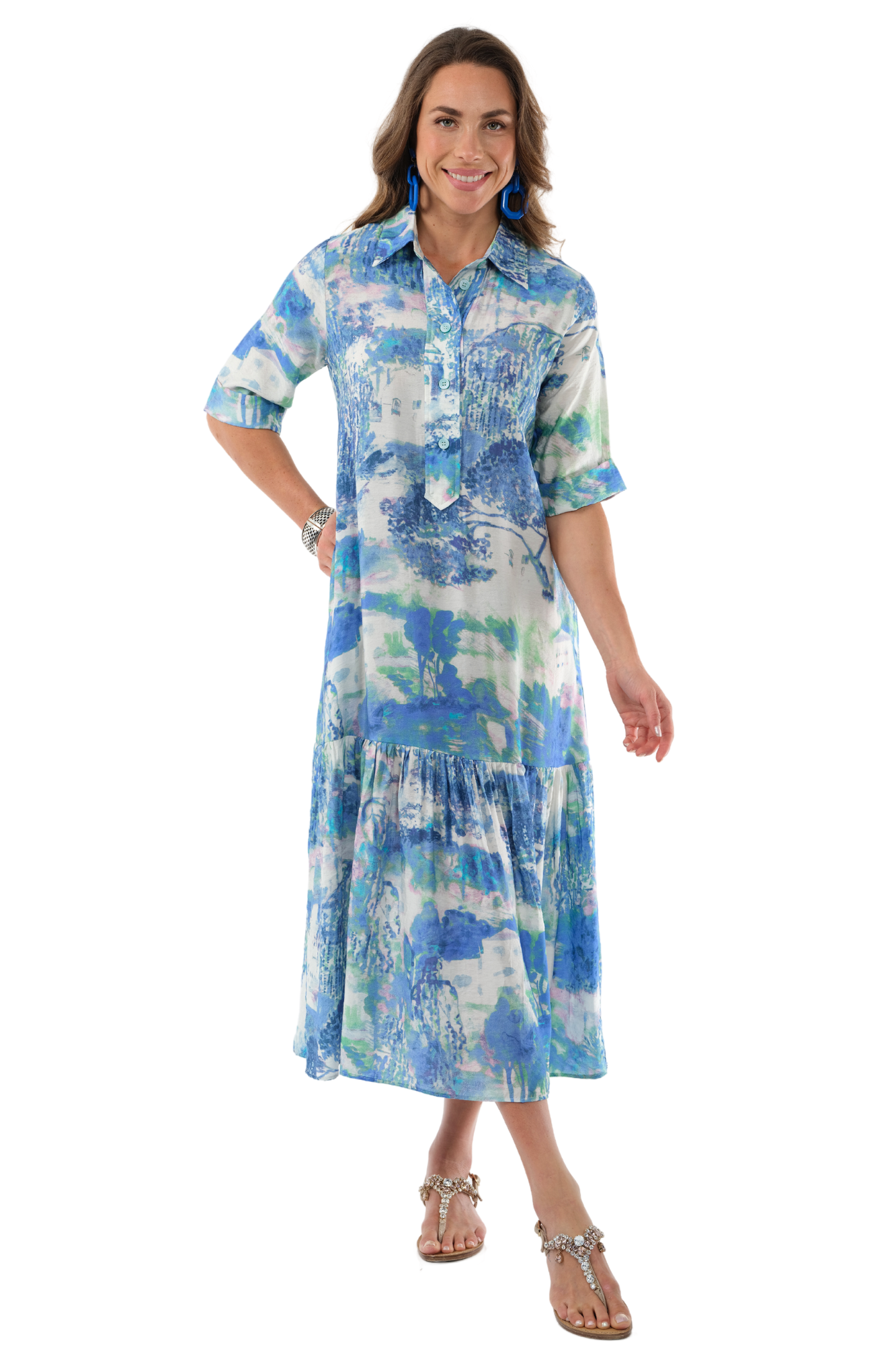 Women's Turquoise Maxi Dress With Sleeves - Garden Print -"Vega"