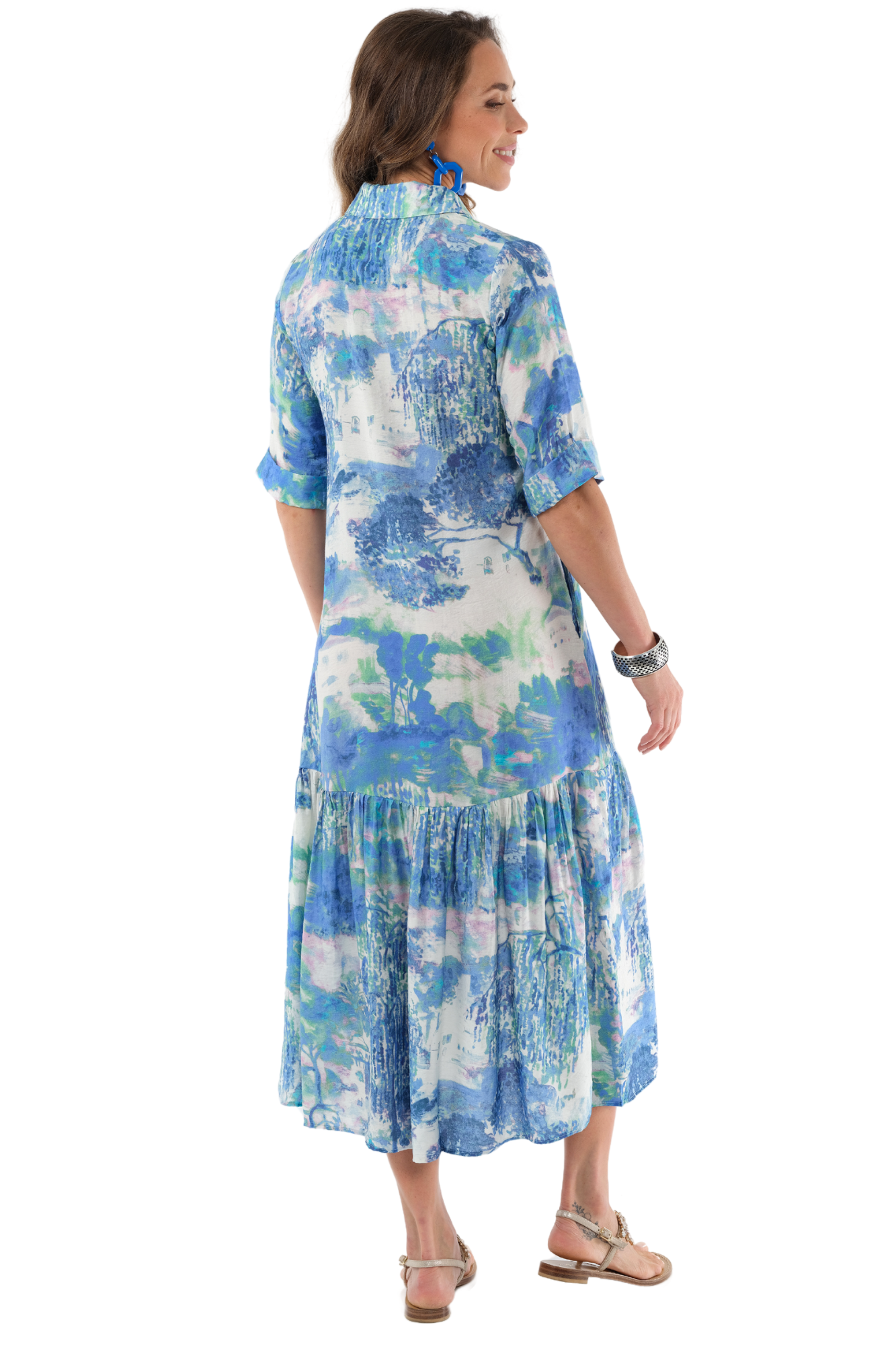 Women's Turquoise Maxi Dress With Sleeves - Garden Print -"Vega"