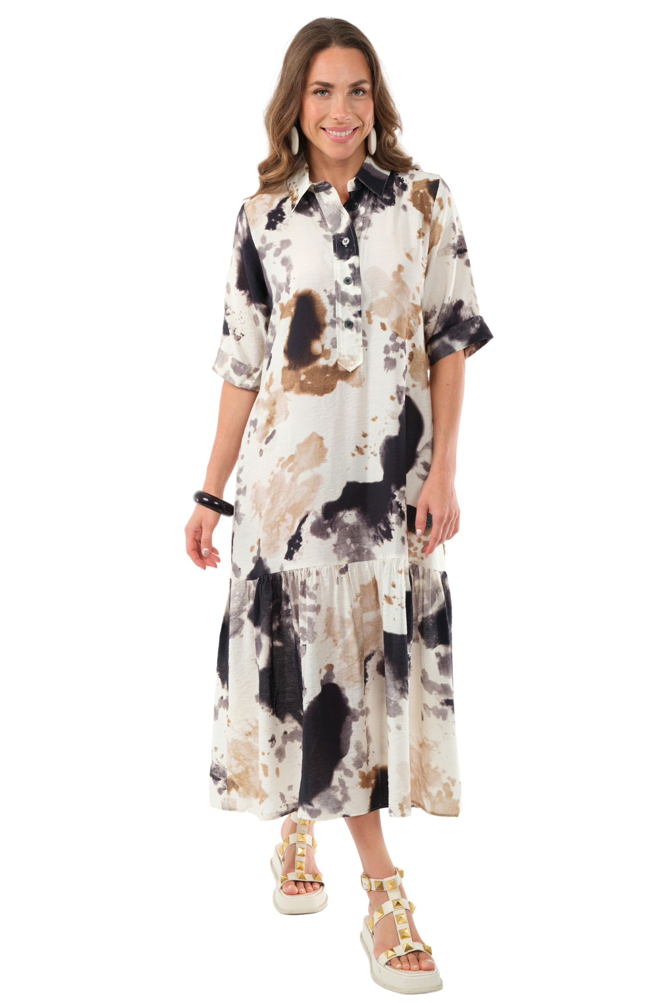 Women's Ivory & Black Splash Print Maxi Dress-"Vega"