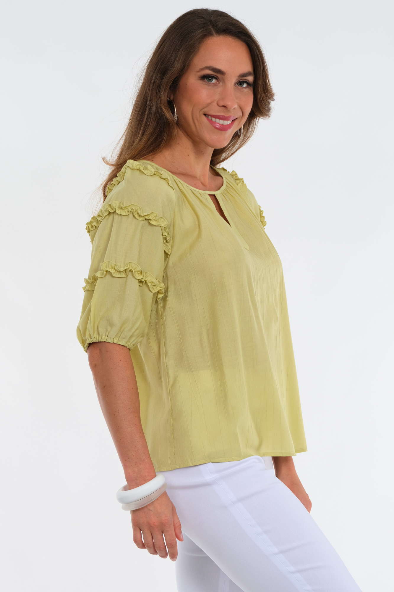 LIOR Woman's Round Neck Ribbon Ruffle Sleeve Tunic Top-"Blythe"